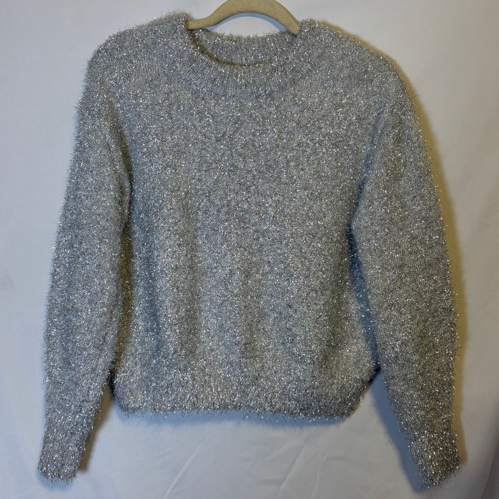 H&M Silver Shimmer Fuzzy Metallic Eyelash Knit Sweater XS